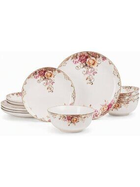 Floral Stoneware Dinnerware Set for 4 - 12 Piece Plates & Bowls, Elegant Rose